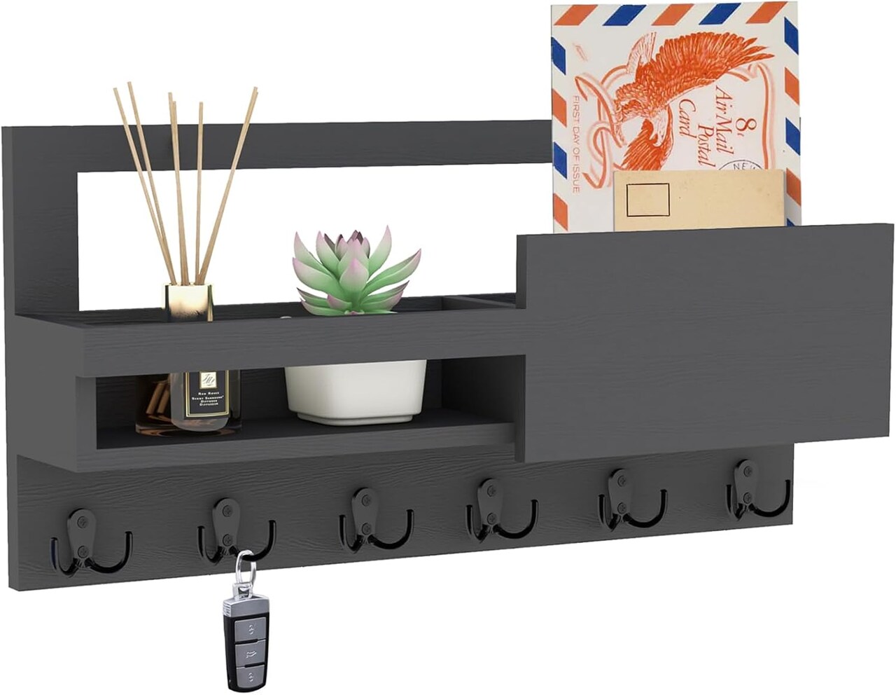 Key Holder Wall Mounted, 16 X 8 Farmhouse Key Hanger Key Rack with Shelf for Entryway, Mail Organizer with Key Hook, Includes Free Picture Frame, Black